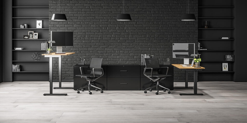 Minimalistisch eingerichtetes Zweier-Büro mit schwarzen Wänden und schwarzer Deko